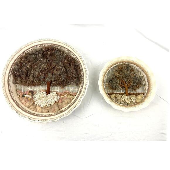 VTG Set of 2 Round Wall Hanging Ceramic Pottery Framed Tree Weaving Loom Decor - Picture 1 of 16
